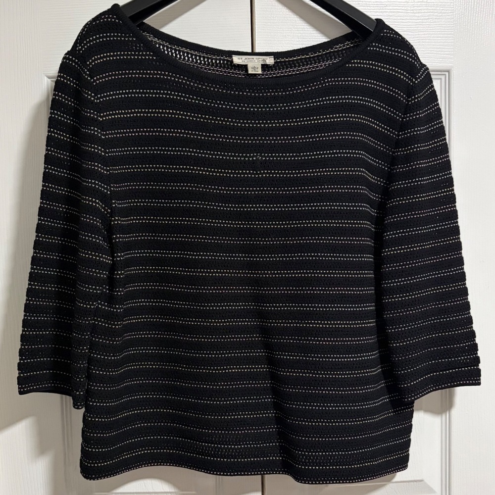 St John Sport Marie Gray Wool Blend Striped Knit Top Black Pink White Large